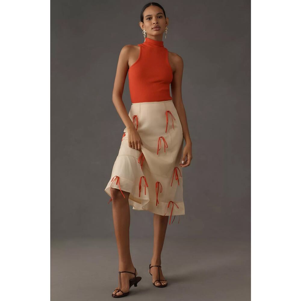 NWT Anthropologie Cream Midi Skirt with Orange Bows